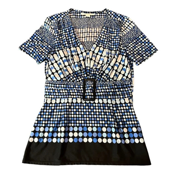 DressBarn Blue Black Modern Dot Pattern Buckle Front Knit Blouse Top‎ Size 8 - Picture 1 of 3
